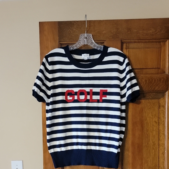 Striped Navy and White Sweater with Red Logo - Picture 1 of 5